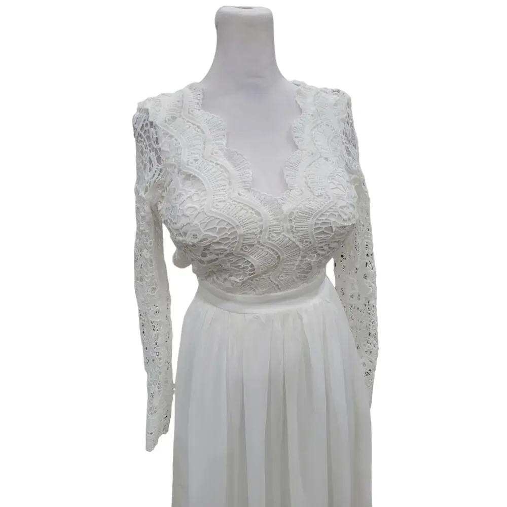 Lulus Awaken‎ My Love Maxi Dress Women’s XS White Lace Long Sleeve Bridal Formal